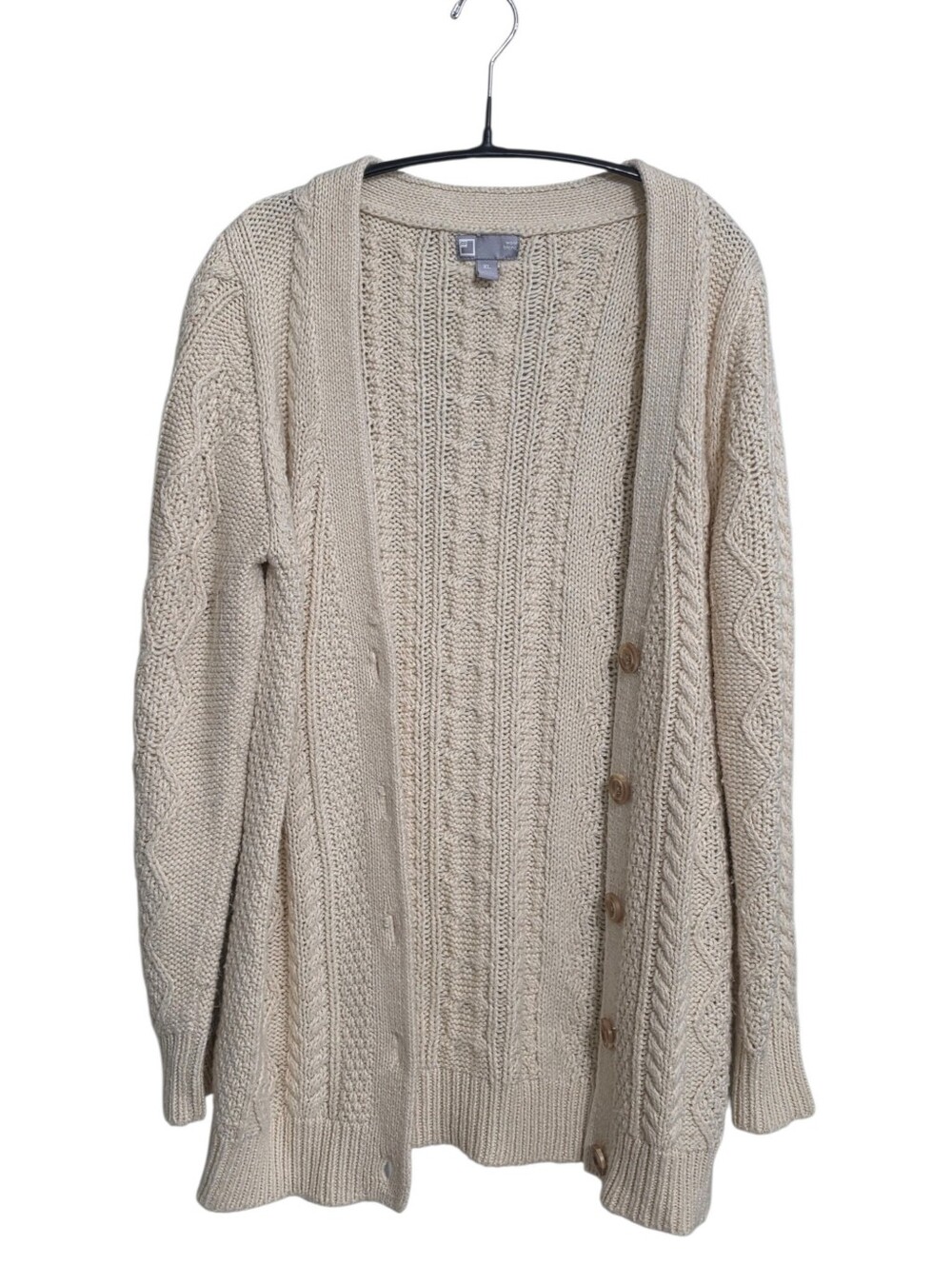 Vintage Cream Cable Knit Wool Blend Cardigan XL Shimmery Gold Specks Grandpa